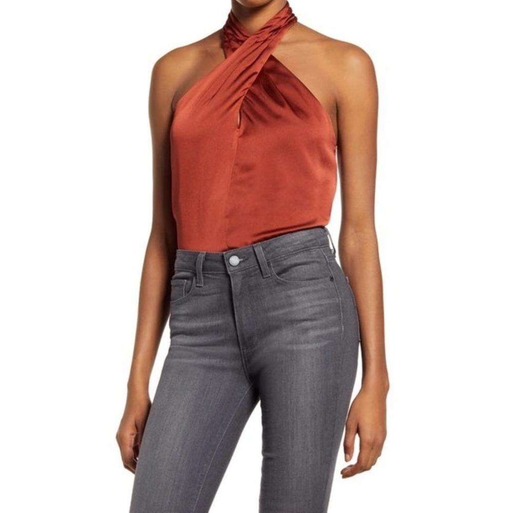 New Chelsea28 Twist Neck Sleeveless Halter Blouse Orange Rust Henna Womens Sz XS